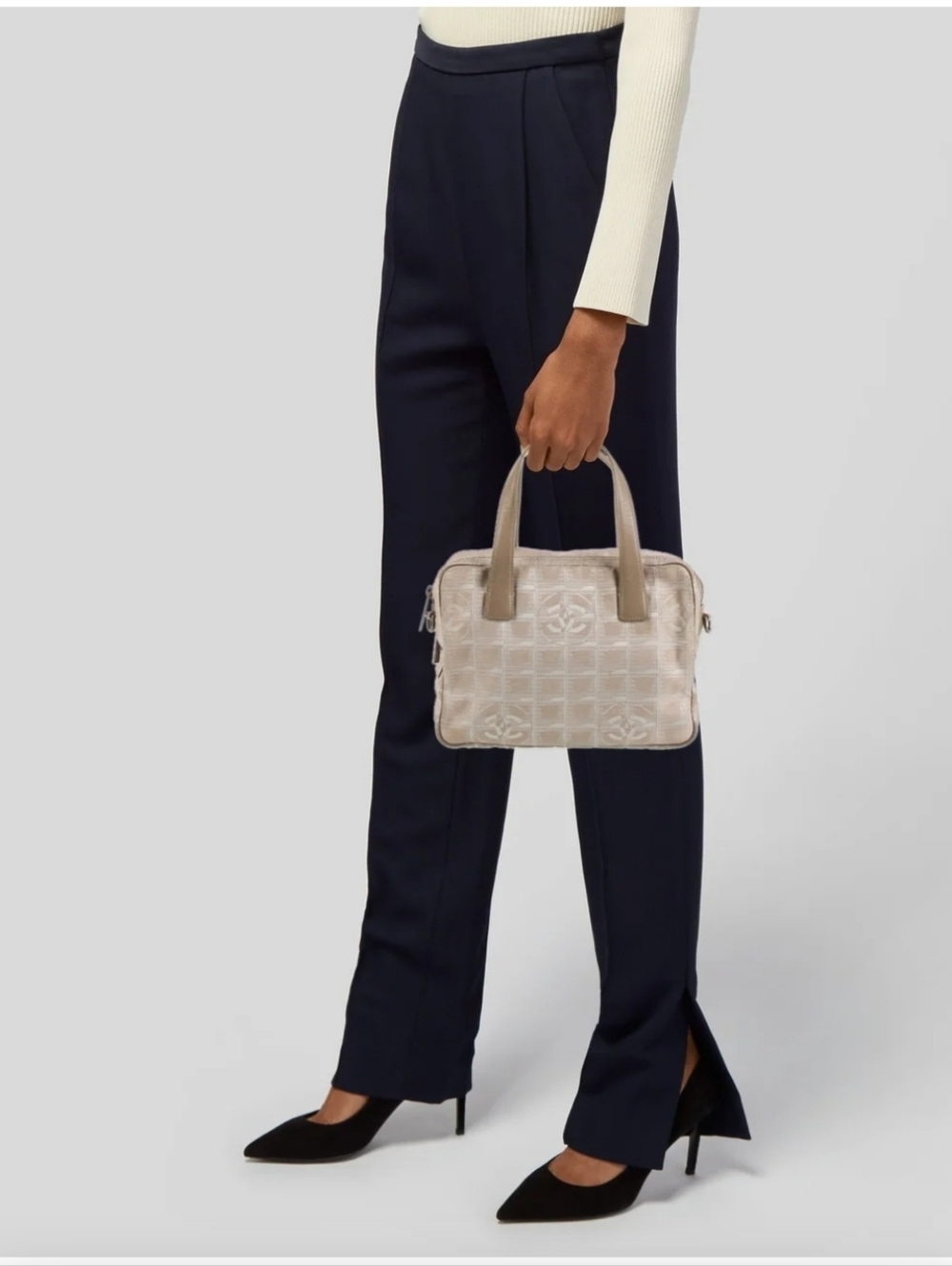 VINTAGE CHANEL Beige Nylon Jacquard Travel Line Handbag/Shoulder/Crossbody Satch - Picture 15 of 16